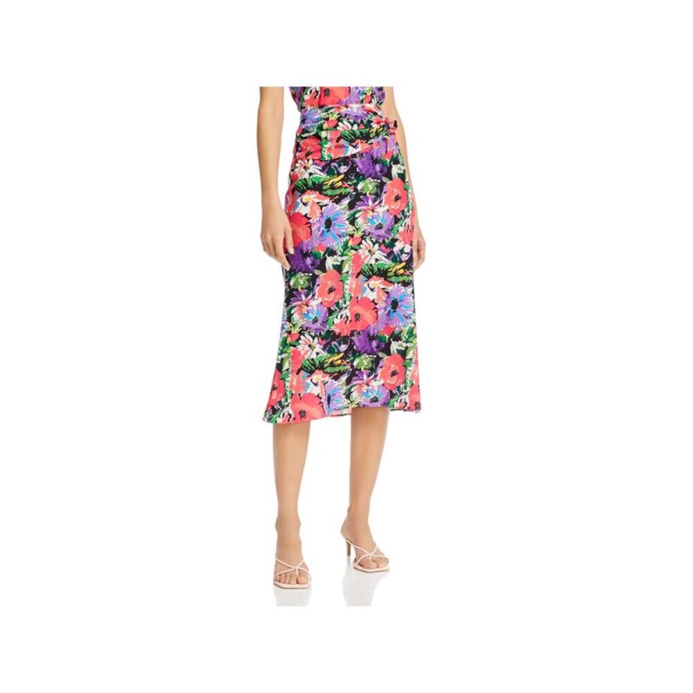 ART DEALER Womens Black Gathered Tie Floral Midi Party A-Line Skirt XS